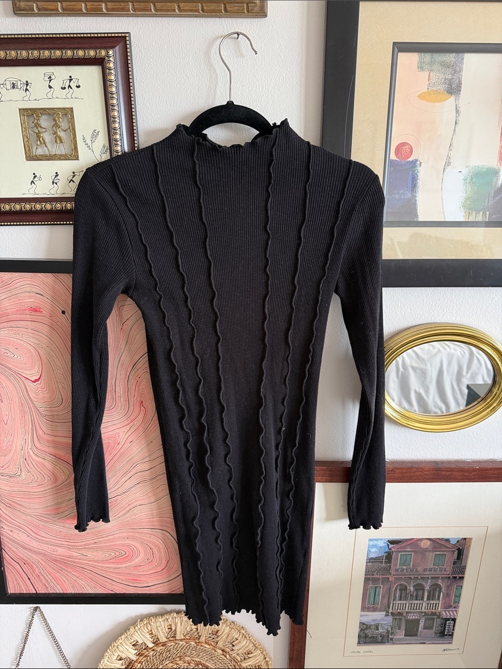 Zara Black Ribbed Long-Sleeve Ruffle-Trim Dress